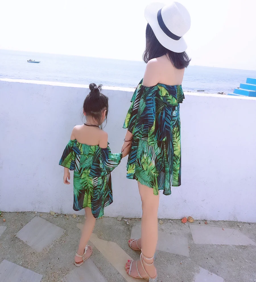 Famli/1 предмет пляжное платье с открытыми плечами для мамы и дочки Летние Семейные
