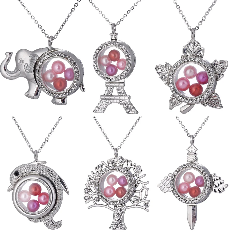 

Rhinestone Magnetic Glass Living Memory Locket Pendant Beads Pearl Cage Floating Charms Pendant Steel Chain Necklace
