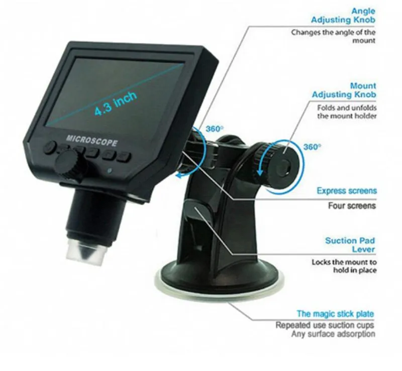 

Soldering Microscope 4.3 Inches 1-600X Continuous Magnification Rechargeable Lithium Battery Portable Microscope Camera.