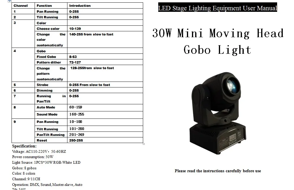 30 Вт RGBW DMX512 мини движущаяся головка гобо светильник; AC90-260V вход
