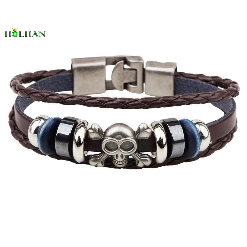 2017 многослойных череп скелет кости Бусины Кожаные браслеты и Браслеты для Для