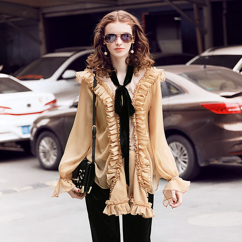 Runway брендовая элегантная белая шифоновая блузка с длинными рукавами и оборками