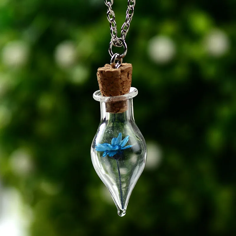 Blue Новинка, модное ожерелье с подвеской, новинка, для женщин, девушек, цепочка, ожерелье, сухой цветок, счастливое желание, стеклянная бутылка, цепочки, ожерелье s - Окраска металла: Blue