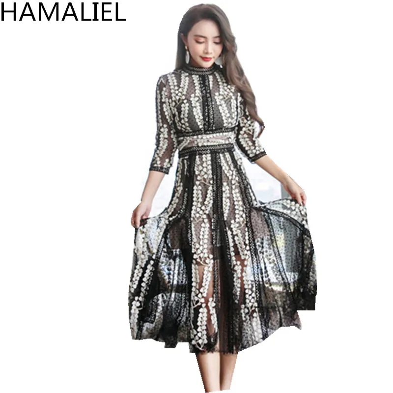 HAMALIEL, высокое качество, женское вечернее платье,, подиумное, роскошное, черное, Сетчатое, с вышивкой, цветочное, рукав три четверти, разрезное, миди платье - Цвет: Черный