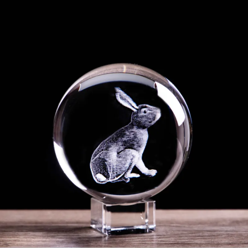

Zodiac Rabbit Crystal Ball 3D Laser Engraved Animal Figurines Glass Sphere Kids Birthday gift Feng Shui Home Decor Accessories