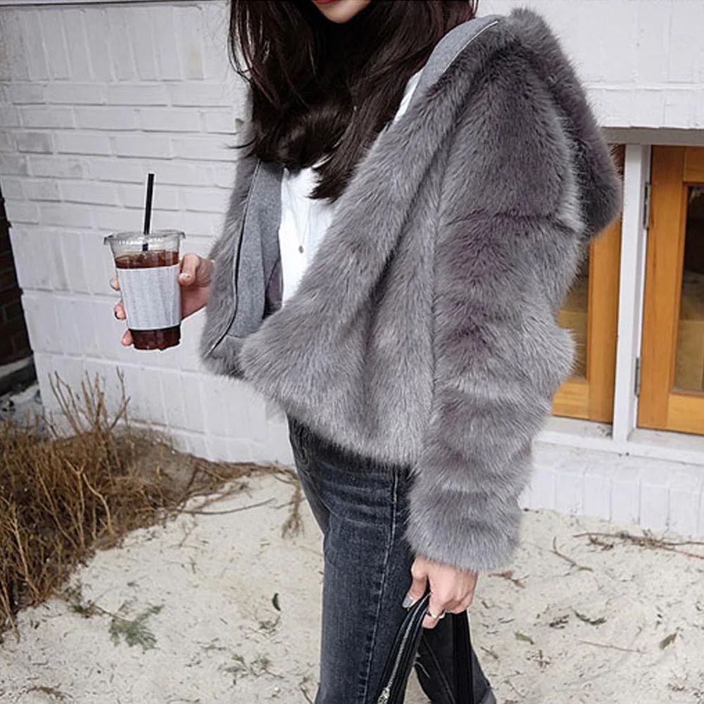 Куртка женская зимняя из искусственного лисьего меха с капюшоном 2 цвета|coat