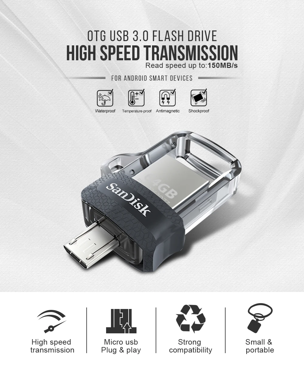 Sandisk мини USB 3,0 двойной OTG USB флеш-накопитель 16 ГБ 32 ГБ 64 ГБ 128 Гб флешки для телефона Android 10 лет гарантии