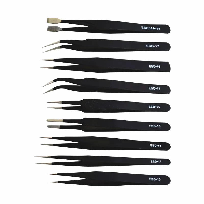 Anti-static tweezers Black straight round head elbow flat pointed ESD set | Инструменты