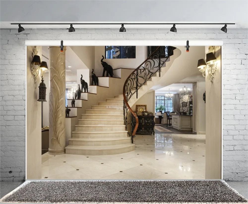 Laeacco Palace Interior Stairs Lamp Pillar Decoration Photography Backgrounds Customized Photographic Backdrops For Photo Studio