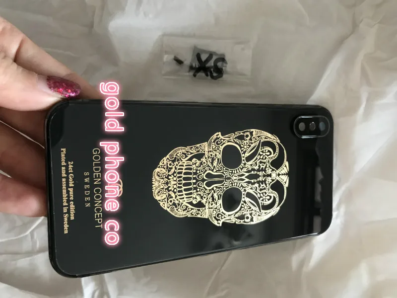 Превосходное качество, роскошная задняя крышка для iphone X, 24 k, золотой череп, дизайнерский корпус с оригинальной черной рамкой и стеклом