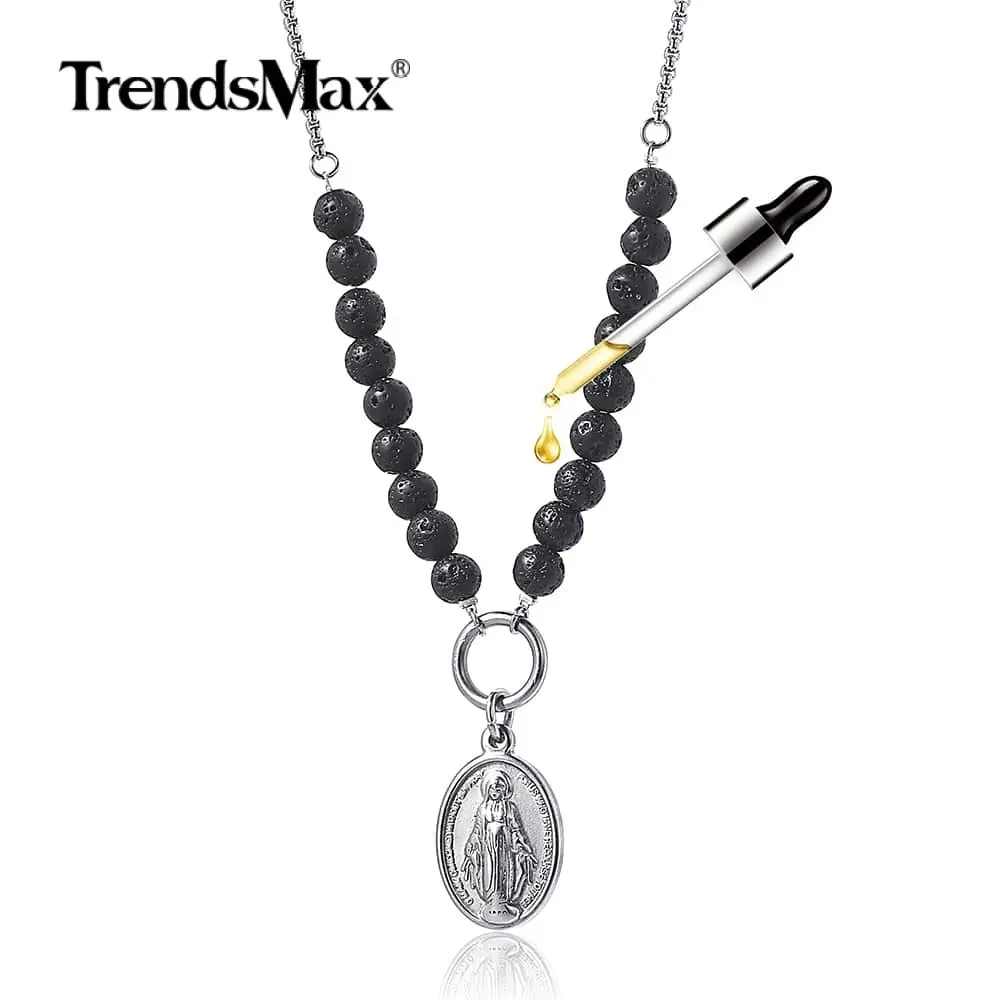 Trendsmax, ожерелье с кулоном Девы Марии, бусы из лавы для женщин и мужчин, диффузор эфирного масла, ожерелье на цепочке, ювелирное изделие, подарок DN108