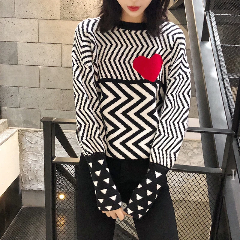 2019 Autumn Winter Women Sweaters Geometric Heart Pattern Long Sleeve Tops Lovely Pullovers Knitted Loose C-005 | Женская одежда