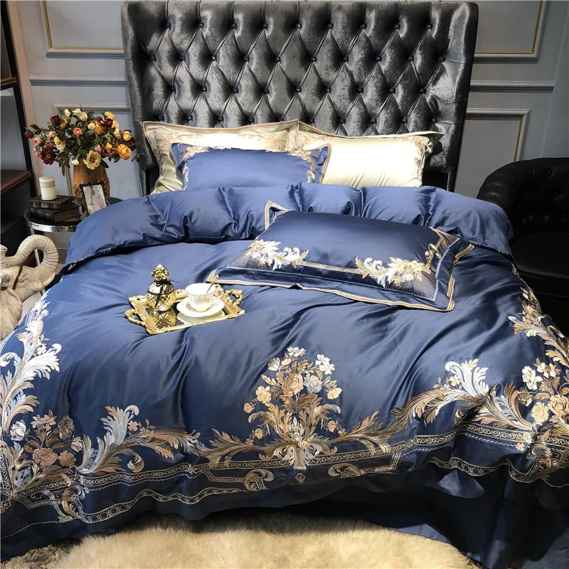 

Luxury 1000TC Egyptian Cotton Gold Royal Embroidery Palace Bedding Set Blue Champagne Duvet Cover Bed sheet/Linen Pillowcases