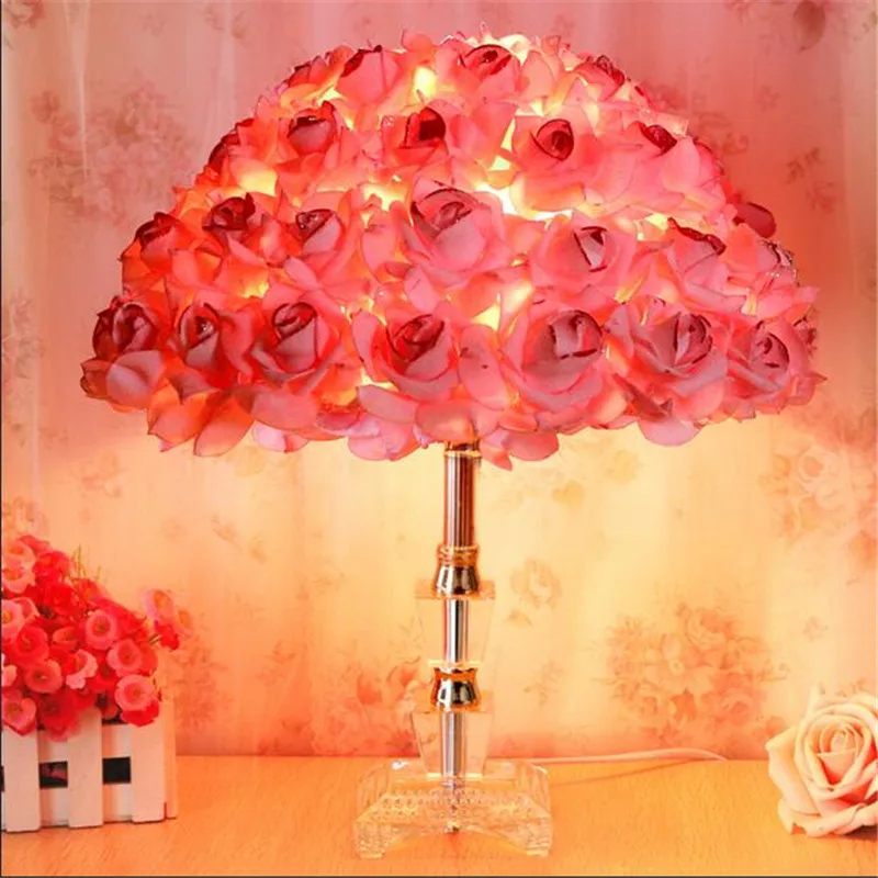 Rosas de Tecido de Moda Candeeiro de Mesa para o Casamento Decoração da Lâmpada de Cabeceira Romântico Criativo Cristal Quarto Lâmpadas Bar ac 80- 265 v 1527 Led E27