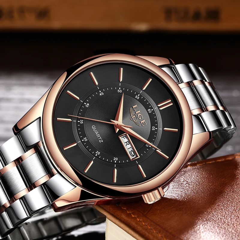 Часы наручные LIGE Мужские кварцевые роскошные брендовые модные деловые