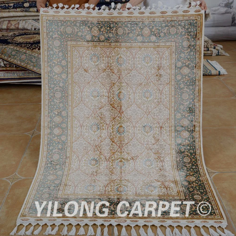Yilong 3 5 'x 5' Восточная шелковая ковровая дорожка бежевая Изысканная маленькая