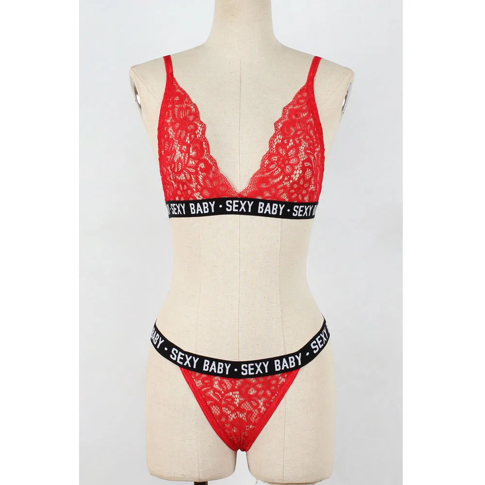 Женский сексуальный кружевной Bralette набор белья, бюстгальтер короткий, с буквенным принтом топы и стринги трусики нижнее белье бикини бюстгальтер brasier mujer
