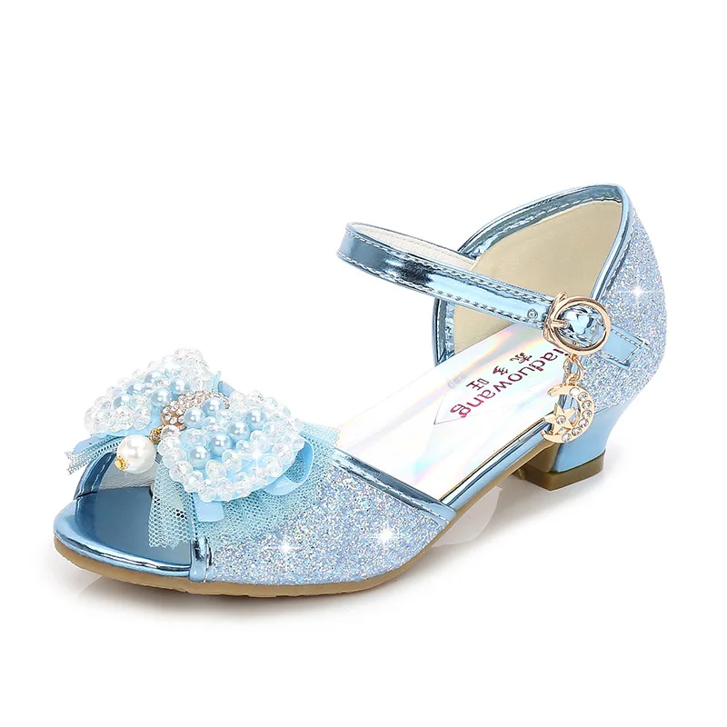 Синий Princess Style Party Shoes Children Sandals Girls Glitter Wedding Crystal High Heel Shoes Open Toe Kids Sandals for Girl CSH819 - Цвет: Синий