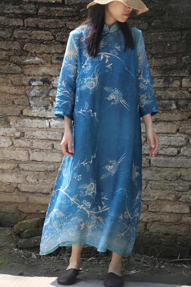 Summer High Quality Bird Print Deep Blue Pure Ramie Linen Dress Retro Stand Collar Three Quarter Sleeve Elegant Lady Robe | Женская