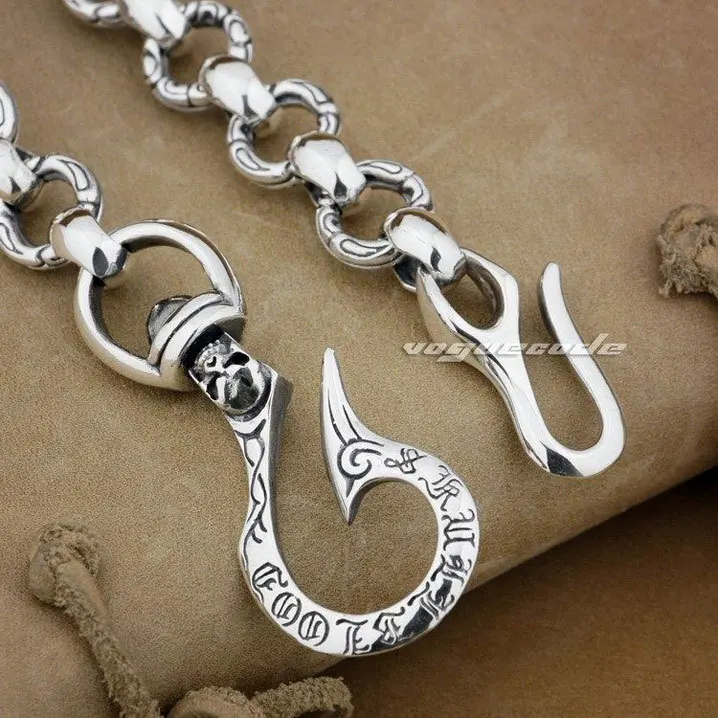 Fashion Fish Hook Waist Pendant Solid 925 Sterling Silver Cool Men's Biker Totem Changing Fate Ring Wallet Chain 8F001WC2 | Украшения и