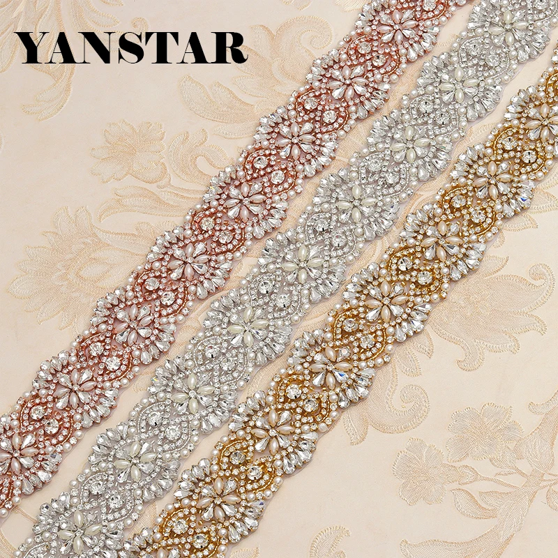 YANSTAR 1 ярд ручной работы, со стразами аппликация прозрачное розовое золото Кристалл декоративная аппликация для невесты платье с ремнем YS811