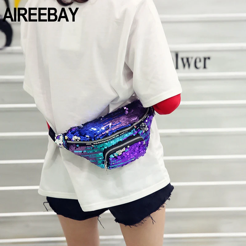 

AIREEBAY Women Reversible Sequins Fanny Pack Glitter Waist Bag Female Travel Money Phone Fanny Shoulder Bag Bum Bag 2019 Design