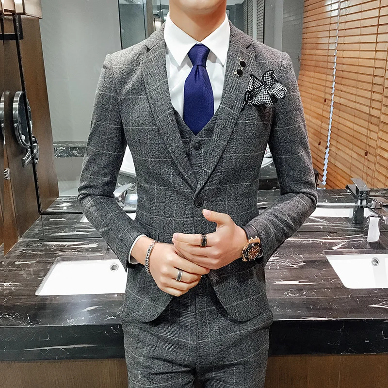 Костюм Hommes Du для свадьбы и Trois штук мужской Slim Fit Клетчатый костюм наборы ухода за