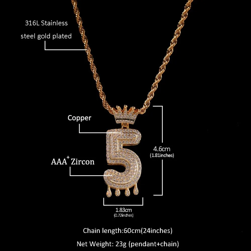 Ожерелье UWIN в стиле хип-хоп с короной и цифрами украшенное фианитом золотистая