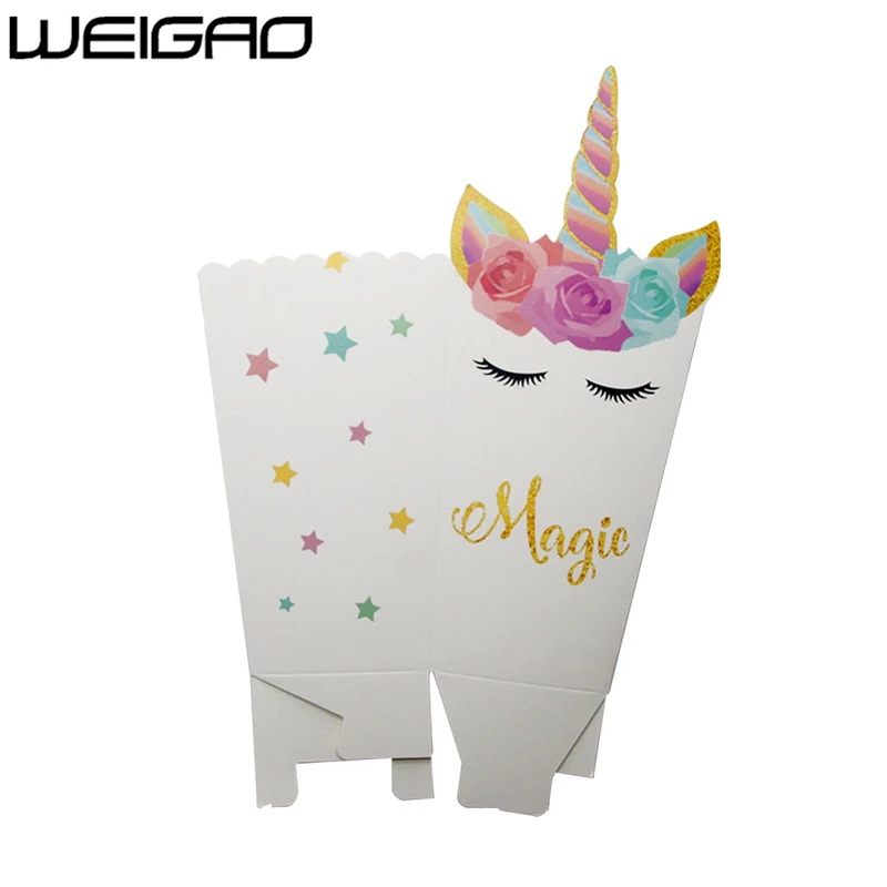 WEIGAO 6 шт. вечерние бумажные коробки для попкорна с единорогом, Подарочная коробка, вечерние украшения, свадебные сувениры и подарки