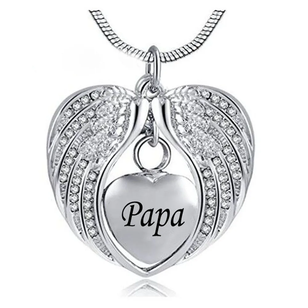 

Crystal Charm Angel Wing Hold Heart Cremation Urn Necklace -Engraving Mom/Dad/Son Keepsake Memorial Jewelry for ashes