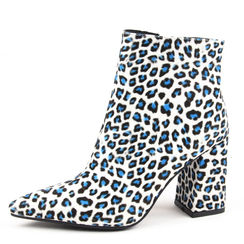 

2019 Autumn Ankle Boots Leopard Print Lady Shoe Dress Party Mature Zipper Square Chunky Heels Fur Famous Brand Plus Size 34-43