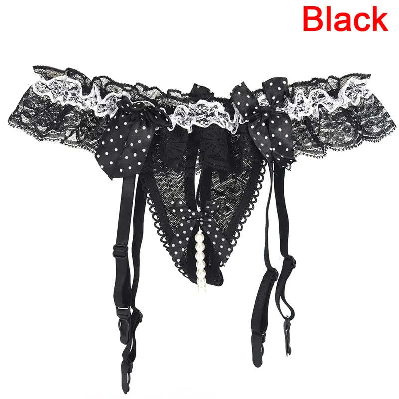 Black Женский сексуальный пояс для чулок, черные, белые кружевные подтяжки, сексуальные открытые трусики с жемчужинами, бантиком, нижнее белье, подвязки - Цвет: Black