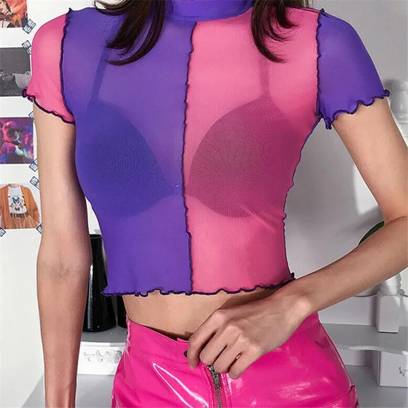 Wome's Sheer Mesh/Повседневная футболка новые сексуальные топы с короткими рукавами
