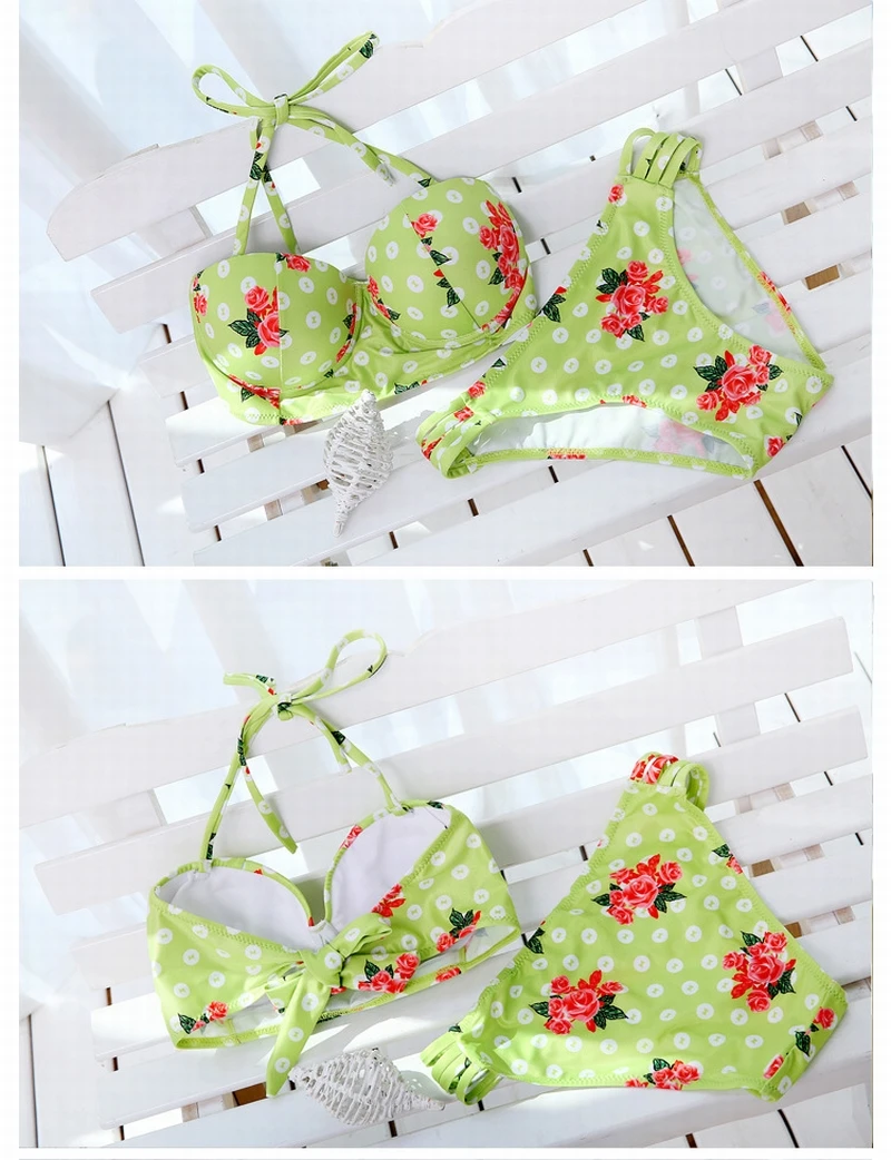 Rose Flower Printed Green Swimwear Set Brazilian Bathing Suit Push Up Swimwears Women Swimsuit Female Bikini Biquinis |