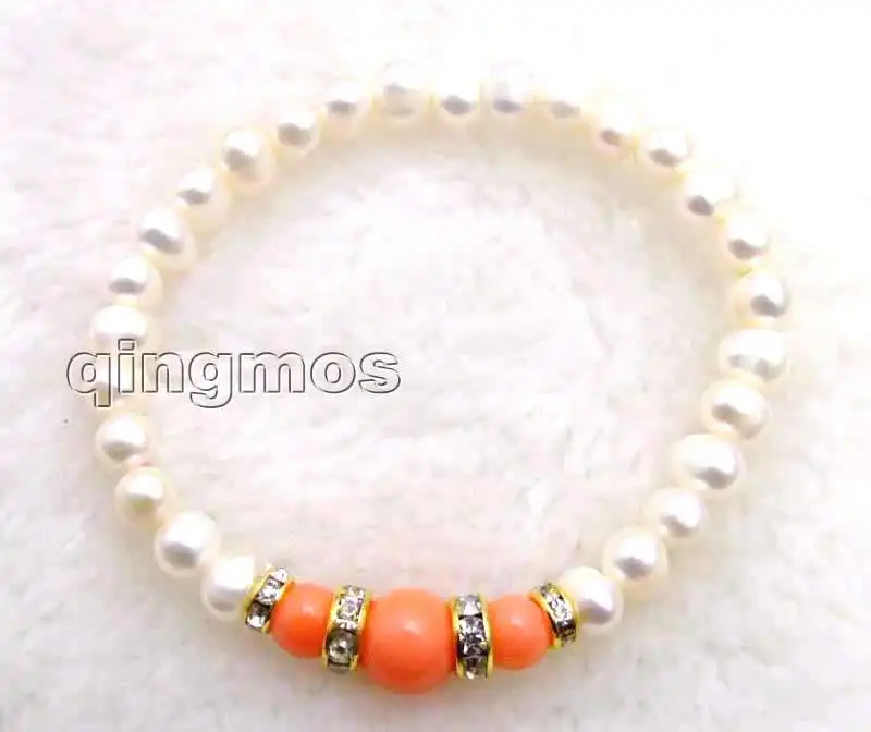 Распродажа красиво! 6-7 мм белый натуральный жемчуг и розовый круглый коралл 7 5