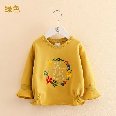 Цвет: желтый Autumn Spring Fashion Cute 2 3 4 5 6 7 8 9 10 Years Children Flower Letter Flare Trumpet Sleeve Kids Baby Girl Sweatshirts - Цвет: Цвет: желтый