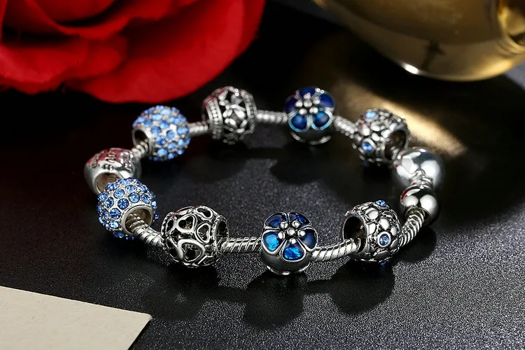 JKJ Silver Plated 925 Crown Beads Key Crystal Love Heart Charm Bracelet Fits For Women DIY Jewelry gifts | Украшения и аксессуары