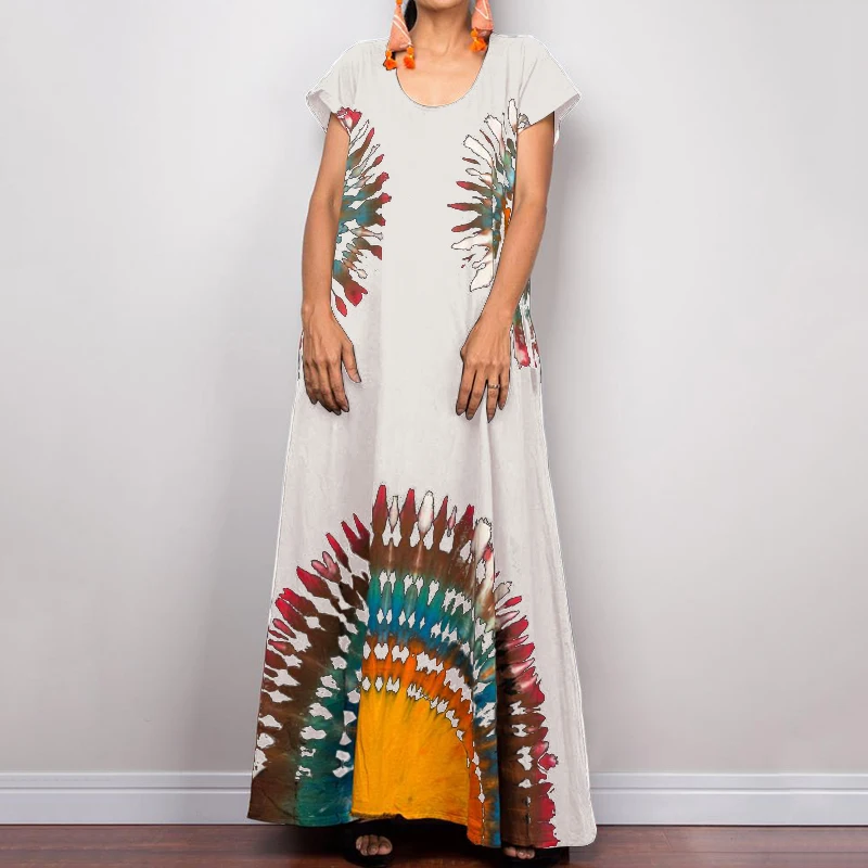 Plus Size Celmia Women Vintage Print Dress Summer Maxi Long Sundress Short Sleeve Casual Loose Beach Vestidos Robe Femme