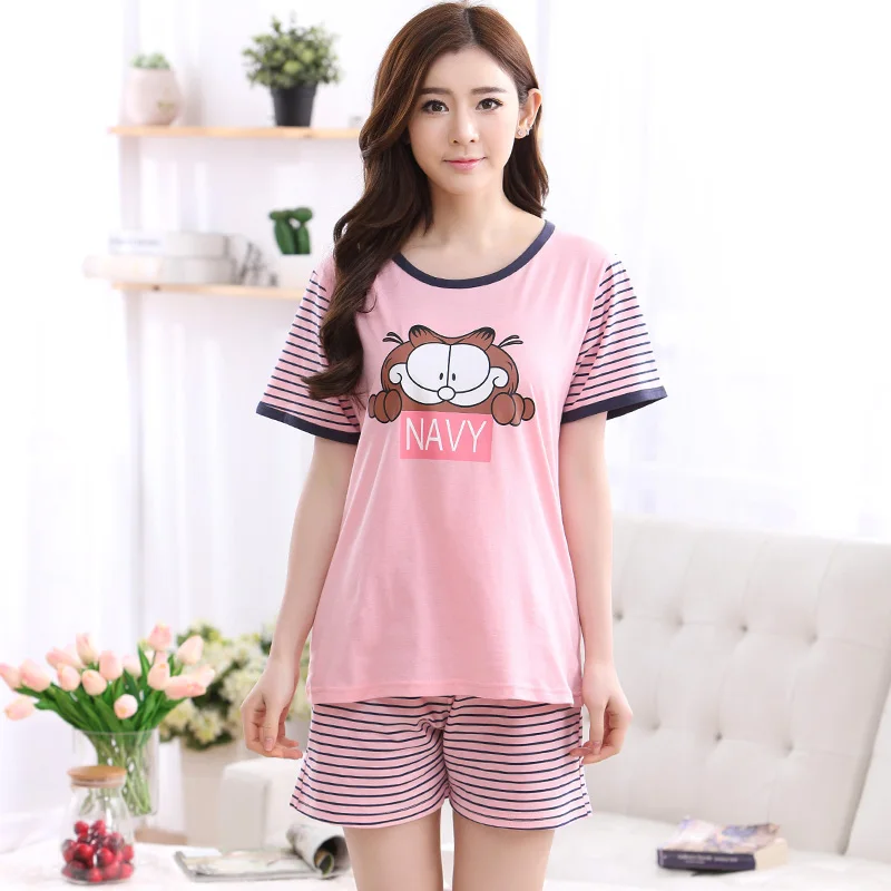 Летние хлопковые женские пижамные комплекты пижама с героями мультфильмов для