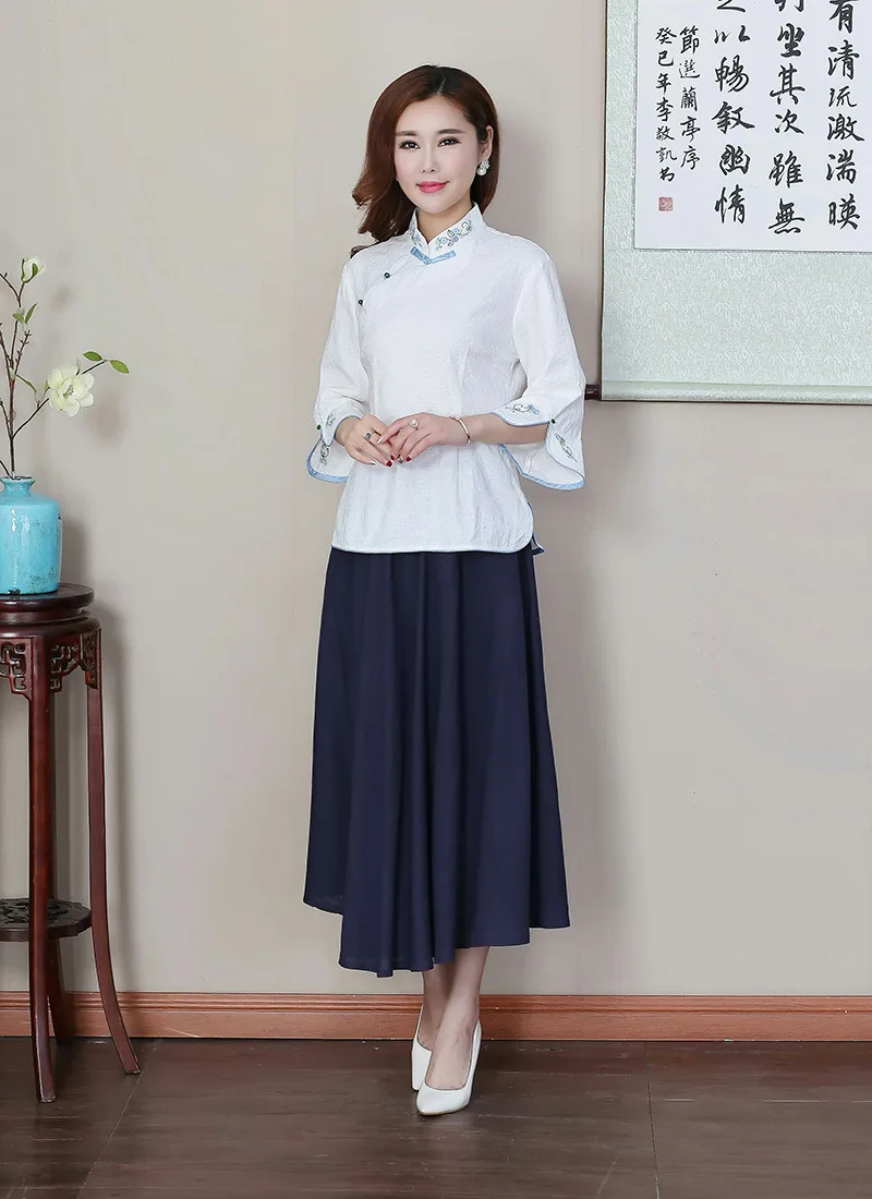

Chinese Traditional Tops Women's Cotton Three quarter Sleeve Shirt Size M to 3XL
