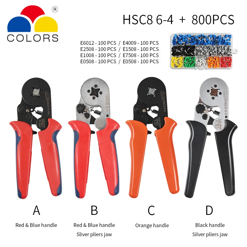 HSC8 6-4 800PCS Шестиугольник 6-4 0,25-10 мм 23-7AWG четырехугольник трубки обжимной для обжима пресс Клещи обжимные ручной наконечников проводов инструмент HSC8 - Цвет: HSC8 6-4 800PCS