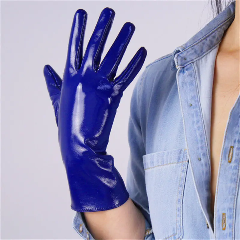patent leather blue 28 см перчатки с сенсорным экраном средней и длинной секцией из искусственной лакированной кожи, яркие черные теплые кофейные коричневые перчатки WPU119 - Цвет: patent leather blue