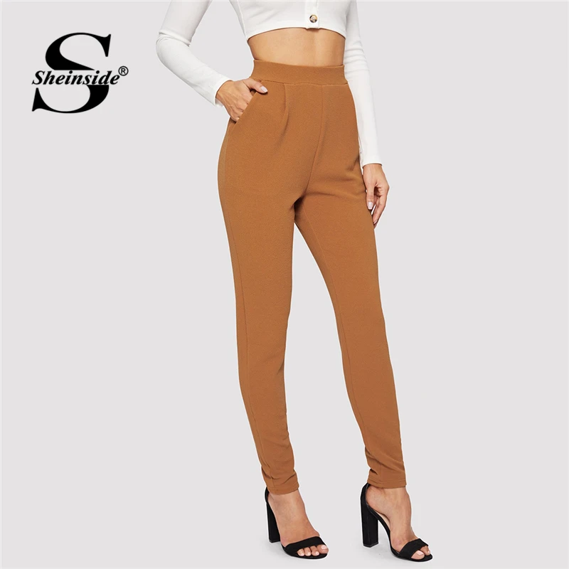 Sheinside, коричневые, с карманом, с заплатками, на ножках, текстурированные штаны, средняя талия, стильные брюки, женские,, с эластичной талией, длинные штаны и капри