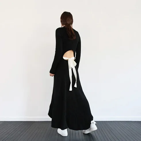 Cakucool/весеннее шерстяное платье с длинным рукавом облегающее на шнуровке