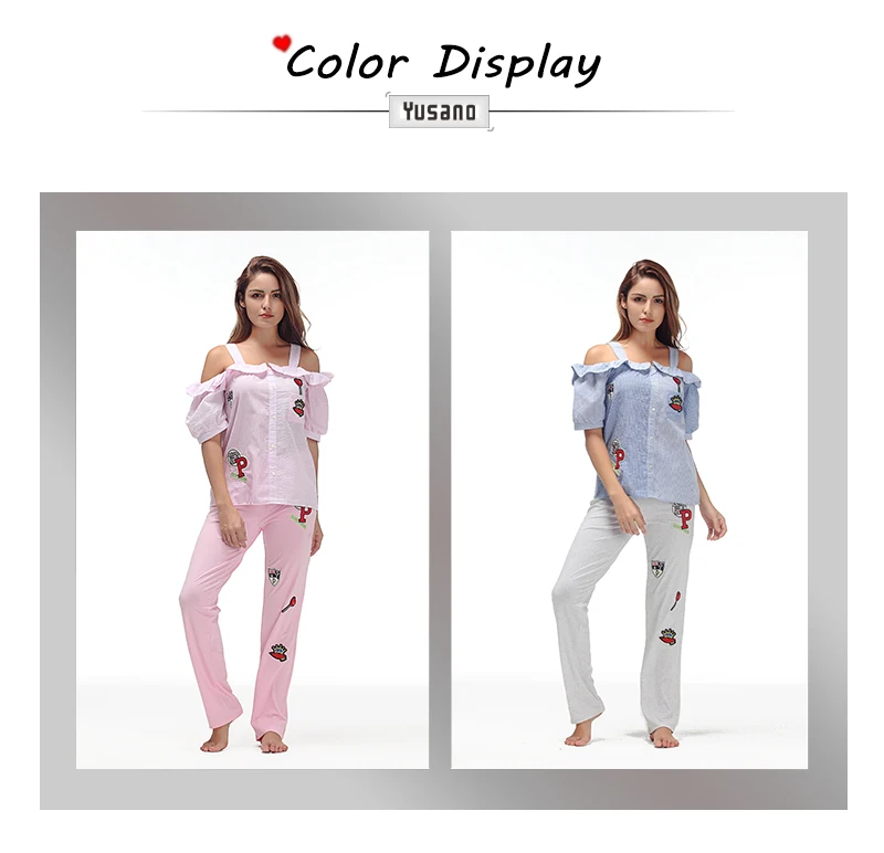 Yusano Pajamas Women Embroidery Camisole Short Sleeve Ruffle Sleepwear Girl Blue Pink Stripe Homewear Cotton Top+Long Pants