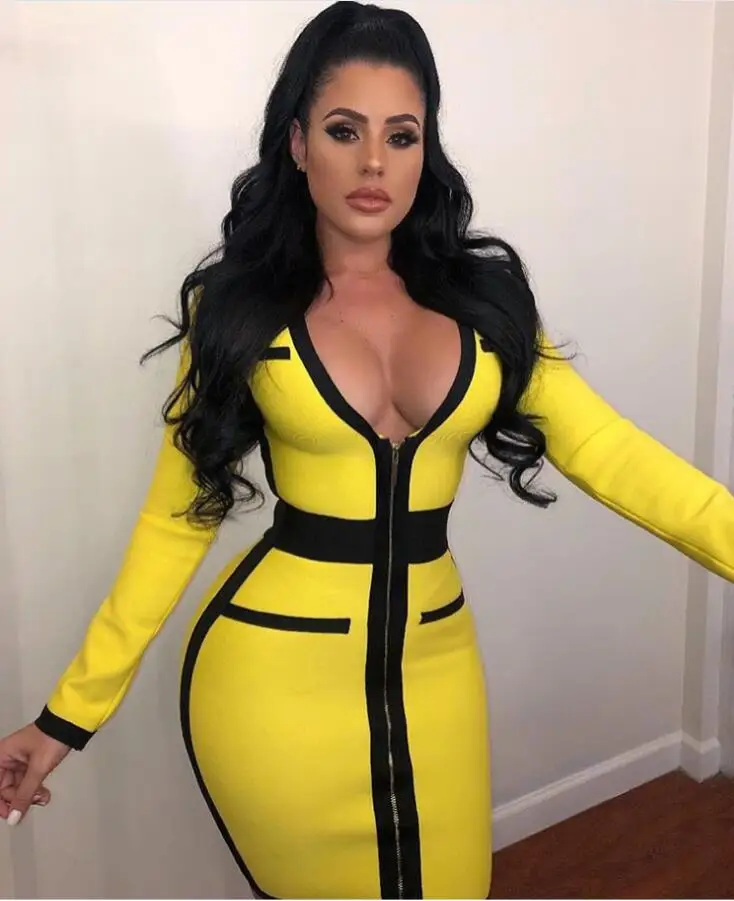 Женское трикотажное платье с V образным вырезом и длинным рукавом|yellow bandage dress|bandage