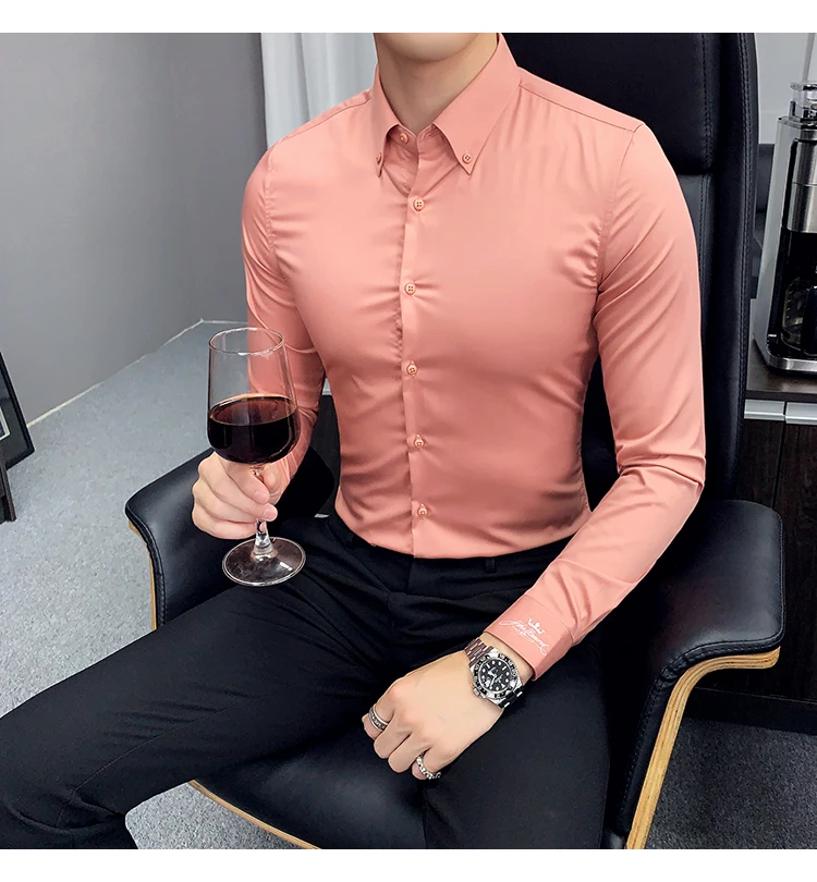 Новые формальные рубашки для мужчин офисное платье бизнес Ropa Hombre Elegante серые белые рубашки мужские розовые Camisa Social Masculina осень