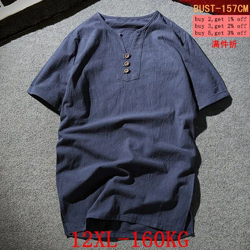 Summer Men's T-Shirt Linen V-neck Large Size Large 5XL Japanese Style Linen T-Shirt Cotton Short Sleeve 7XL 8XL 9XL 10XL 12XL Vi