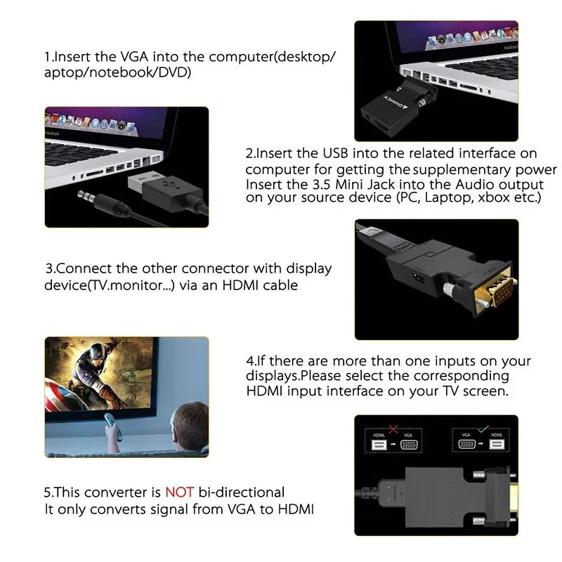 VGA в HDMI адаптер/конвертер с аудио (PC источник на ТВ/монитор разъемом) | Электроника