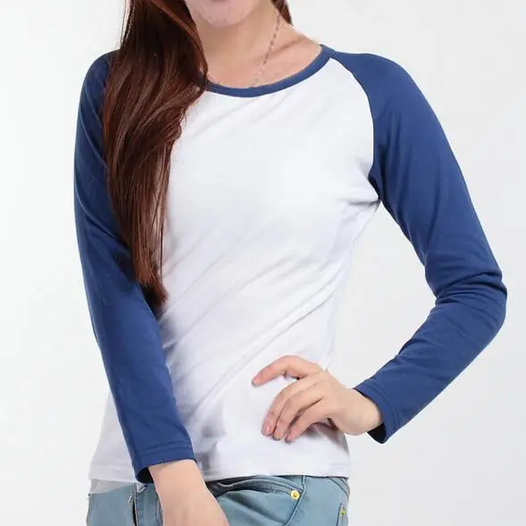 

Spring Autumn Women T Shirt Long Sleeve O-Neck Basic Tee With Contrast Sleeve Collar Plain Blank Casual Women Clothes WT15005